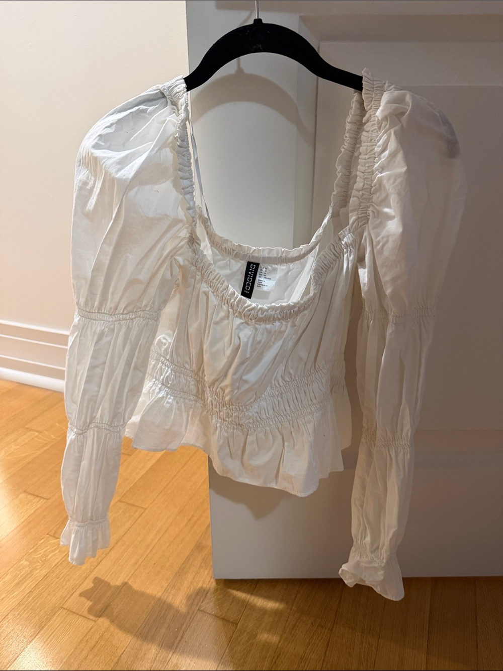 H&M White Smocked Peasant Blouse with Puff Sleeves